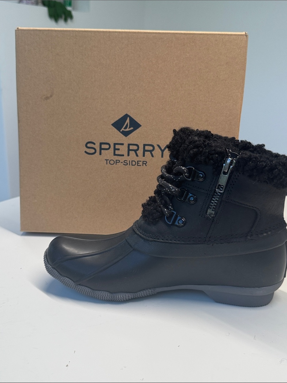 Sperry Black Faux-Shearling Zip & Lace Winter Duck Boots - NIB 🆕